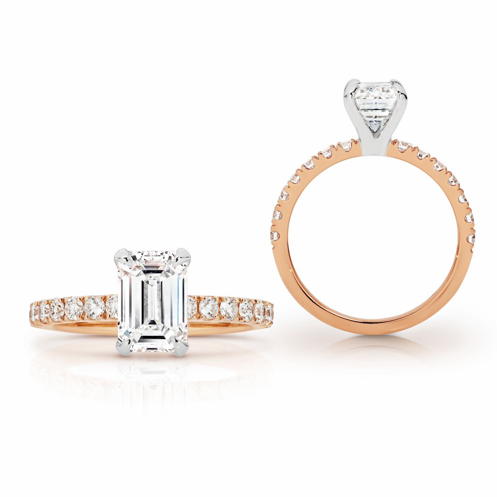 18k Rose Gold Emerald Cut Diamond Engagement Ring With Diamond Shoulders