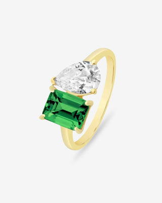 9k Yellow Gold Created Emerald & White Cubic Zirconia Toi Et Moi Ring