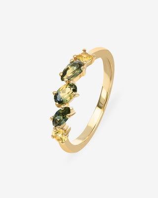 9k Yellow Gold 5 Mixed Colour / Shape Sapphire Ring