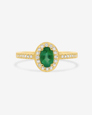 9k Yellow Gold Oval Natural Emerald Ring With Diamond Halo & Shoulders