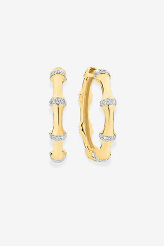 9k YG 0.20ct Natural Diamond Bamboo Design Hoop Earrings