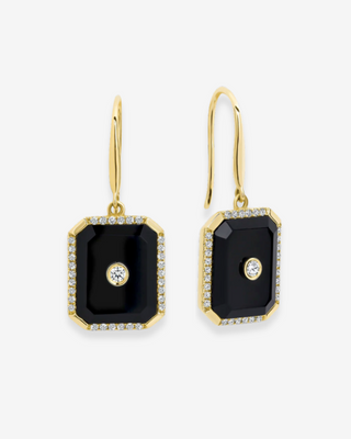9k Yellow Gold Rectangular Black Onyx & Diamond Shepherds Hook Earrings