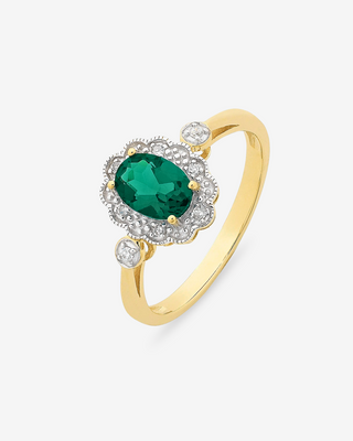9k Yellow & White Gold Created Emerald & Diamond Ring