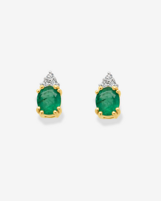 9k Yellow Gold Oval Emerald & Diamond Studs