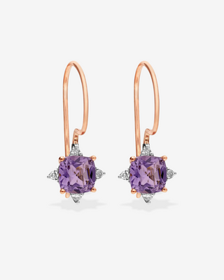 9k Yellow Gold Pink Amethyst & Diamond Shepherd Hook Earrings