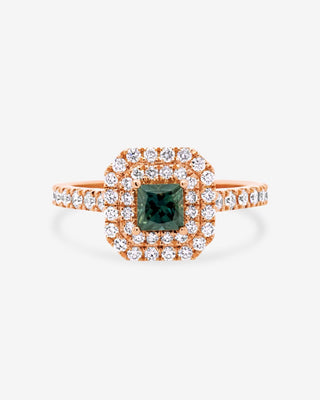 18k Rose Gold 0.67ct Teal Australian Sapphire & Diamond Double Halo Ring