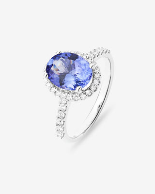 9k White Gold Oval Tanzanite & Diamond Halo & Shoulder Ring