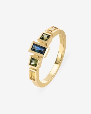 9k Yellow Gold Mixed Colour / Shape Bezel Set Sapphire Ring