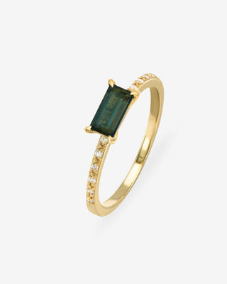 18k Yellow Gold Baguette Teal Sapphire & Diamond Ring