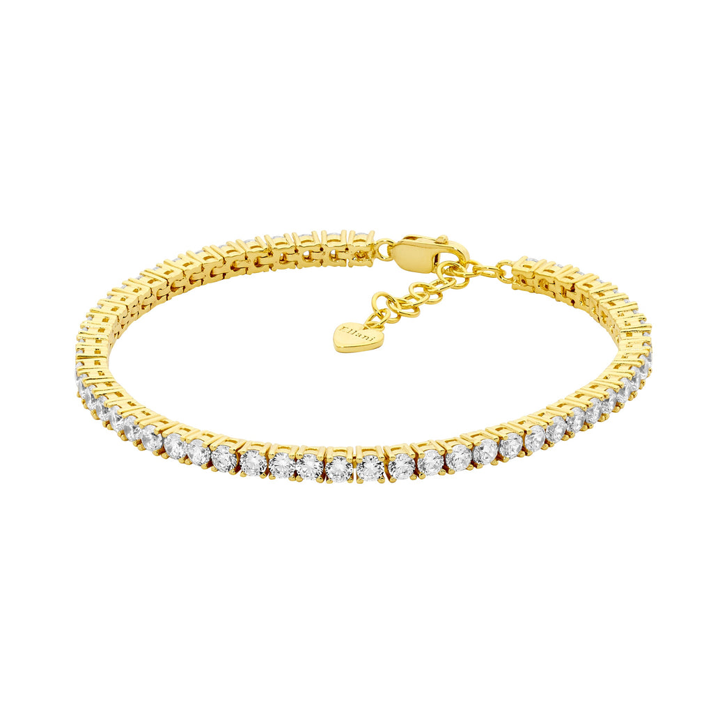 Sterling Silver White Cubic Zirconia 3mm Tennis Bracelet WithExt Chain & Yellow Gold Plating   