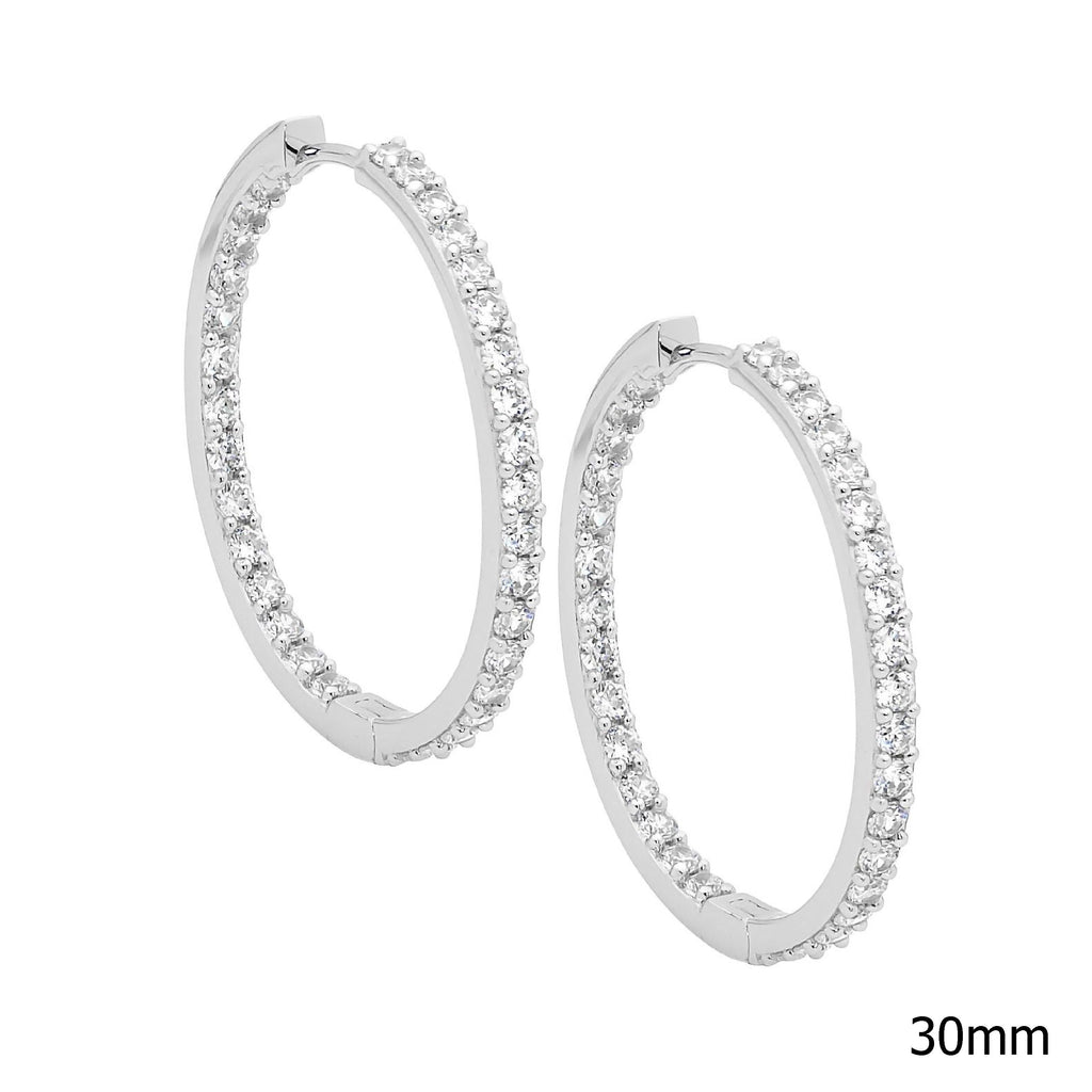 Sterling Silver White Cubic Zirconia Inside Out 3cm Hoop Earrings   