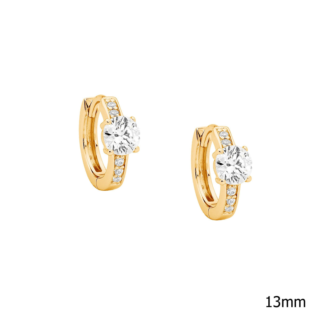 Sterling Silver White Cubic Zirconia 13mm Hoops  With 5mm White Cubic Zirconia Solitaire & Yellow Gold Plating   