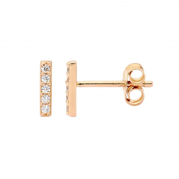 Sterling Silver White Cubic Zirconia 8mm Bar Earrings With Yellow Gold Plating   
