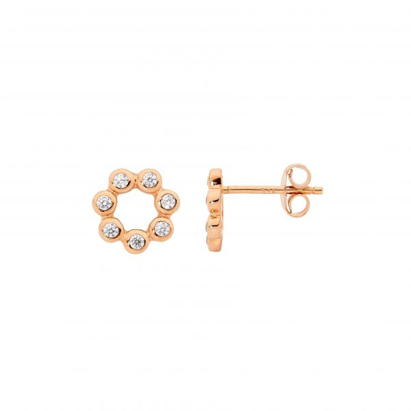 Sterling Silver With Rose Gold Plating White Cubic Zirconia Bezel Set Open Circle Stud Earrings
