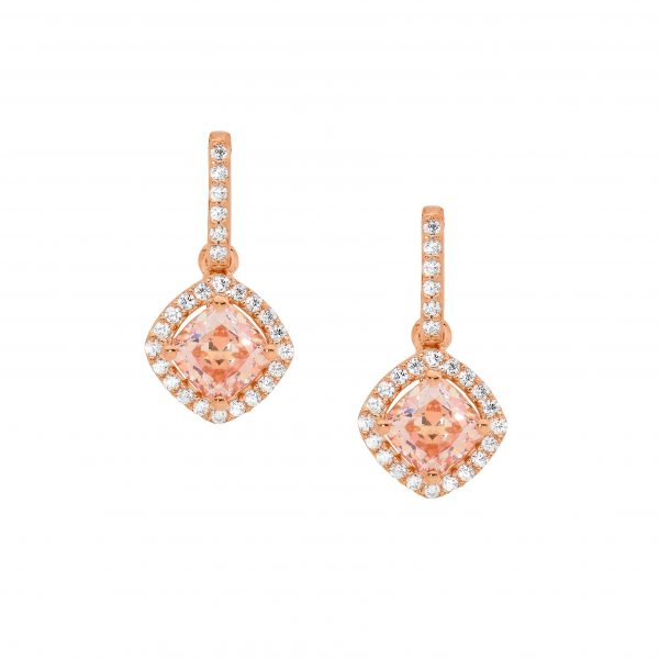 Sterling Silver-With Rose Gold Plating Morganite Cubic Zirconia Cushion Cut Cubic Zirconia Halo Drop Earrings
