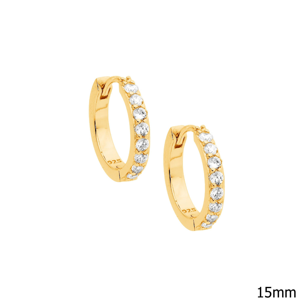 Sterling Silver White Cubic Zirconia Single Row 15mm Hoop Earrings With Yellow Gold Plating   