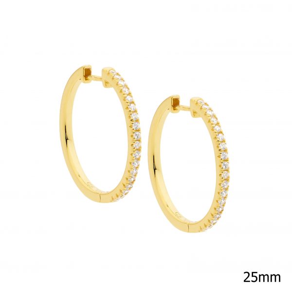 Sterling Silver White Cubic Zirconia 25mm Hoop Earrings With Yellow Gold Plating   