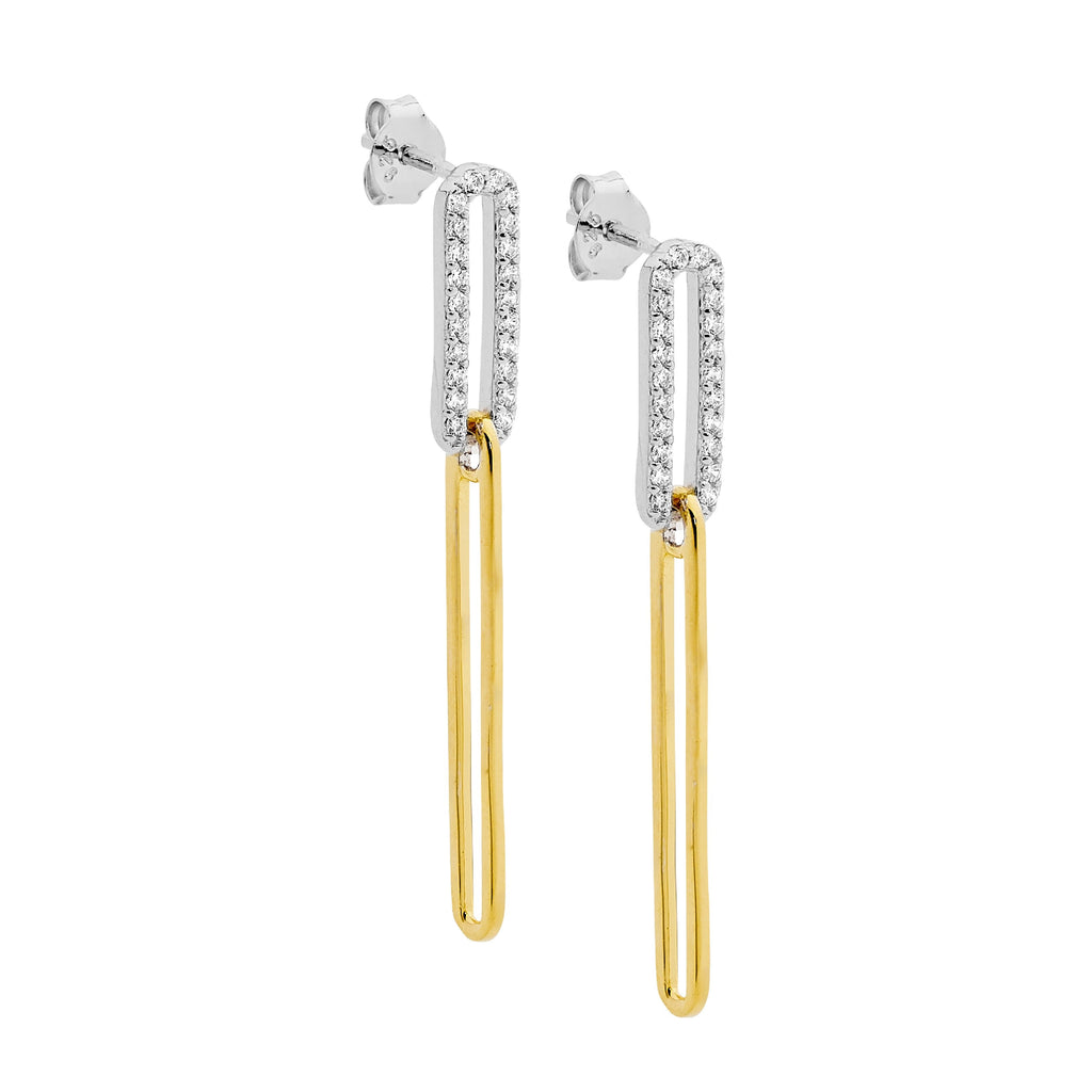 Sterling Silver White Cubic Zirconia Open Oval Link Drop Earrings With Yellow Gold Plating   