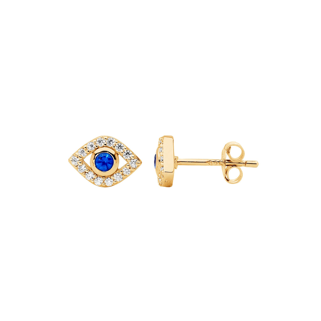 Sterling Silver White & Blue Cubic Zirconia Bezel Set Evil Eye Earrings  With Yellow Yellow Gold Plating   