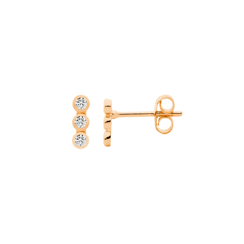 Sterling Silver 3 Bezel Set White Cubic Zirconia Stud Earrings With Rose Yellow Gold Plating  