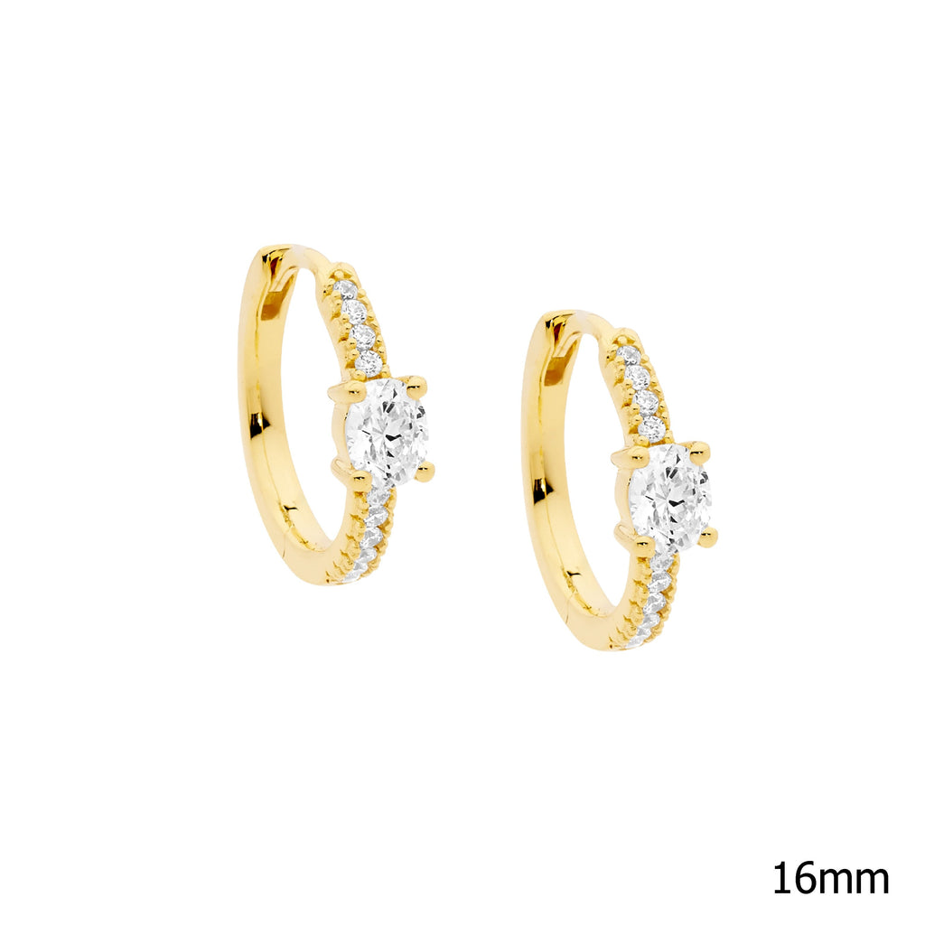 Sterling Silver White Cubic Zirconia 16mm Hoop Earrings, Oval Cubic Zirconia  With Yellow Yellow Gold Plating   