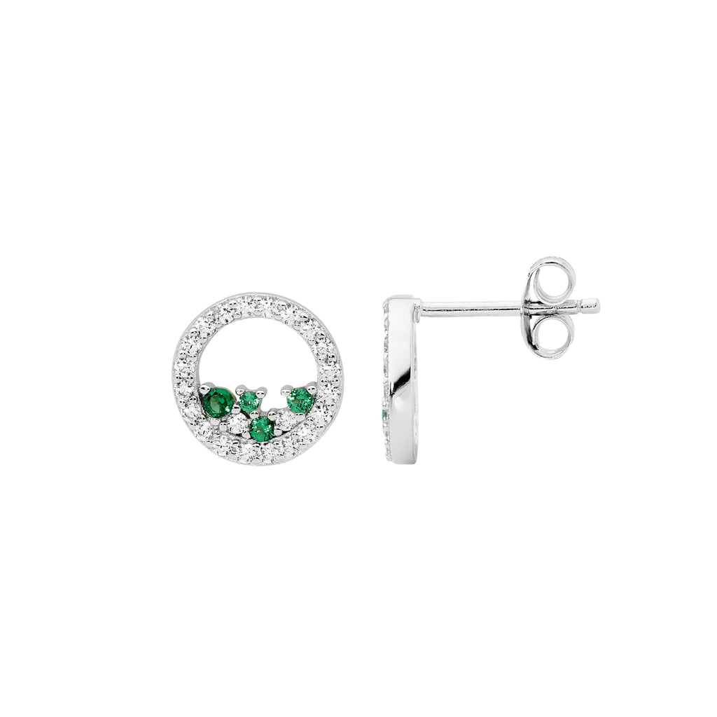 Sterling Silver White Cubic Zirconia 10mm Open Circle Earrings With Scattered Green & White Cubic Zirconia   