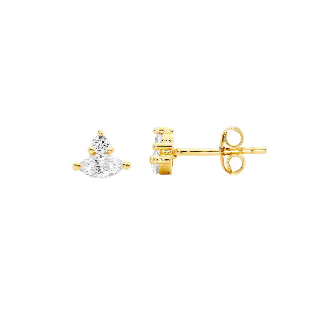 Sterling Silver White Cubic Zirconia Marquise & Rnd Stud Earrings  With Yellow Yellow Gold Plating   
