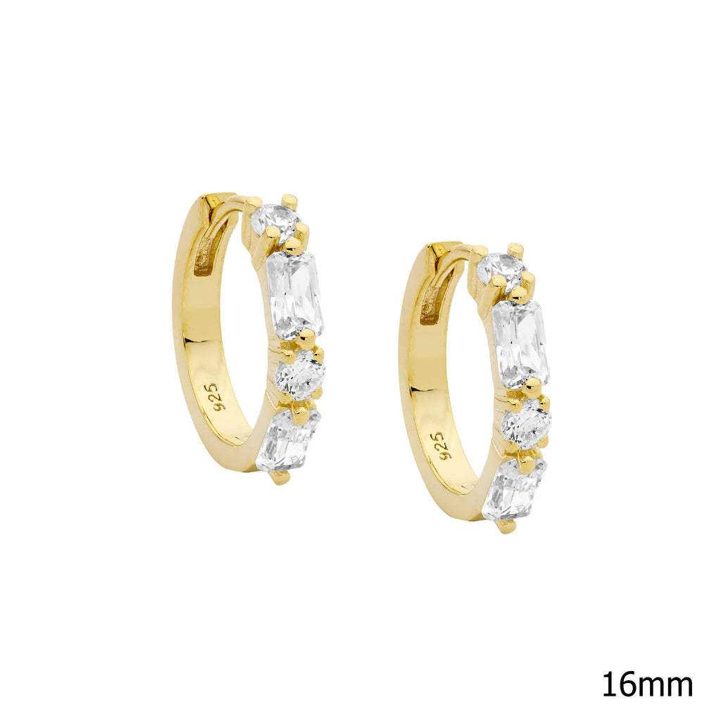 Sterling Silver White Cubic Zirconia Round & Baguette 16mm Hoop Earrings  With Yellow Yellow Gold Plating   
