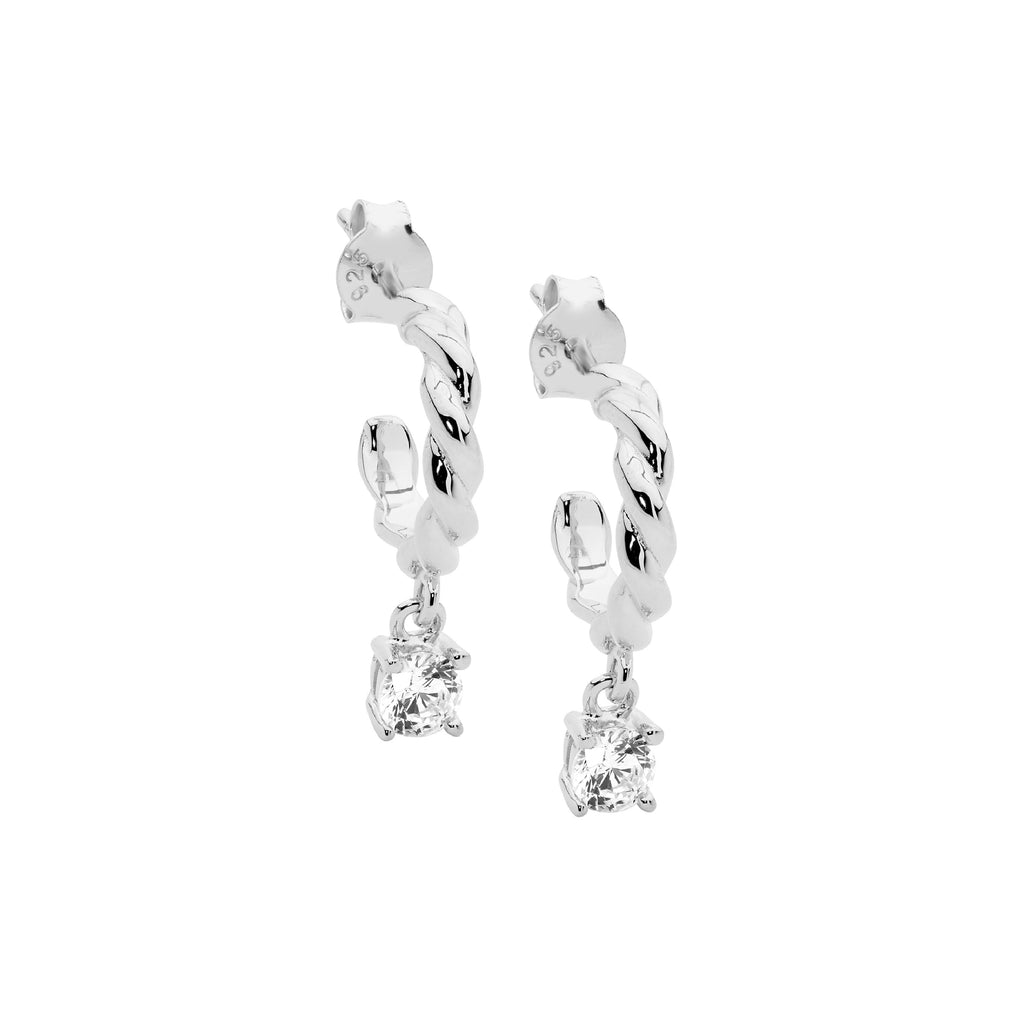 Sterling Silver 13mm Twist Hoop Earrings, White Cubic Zirconia Prong Set Drop   