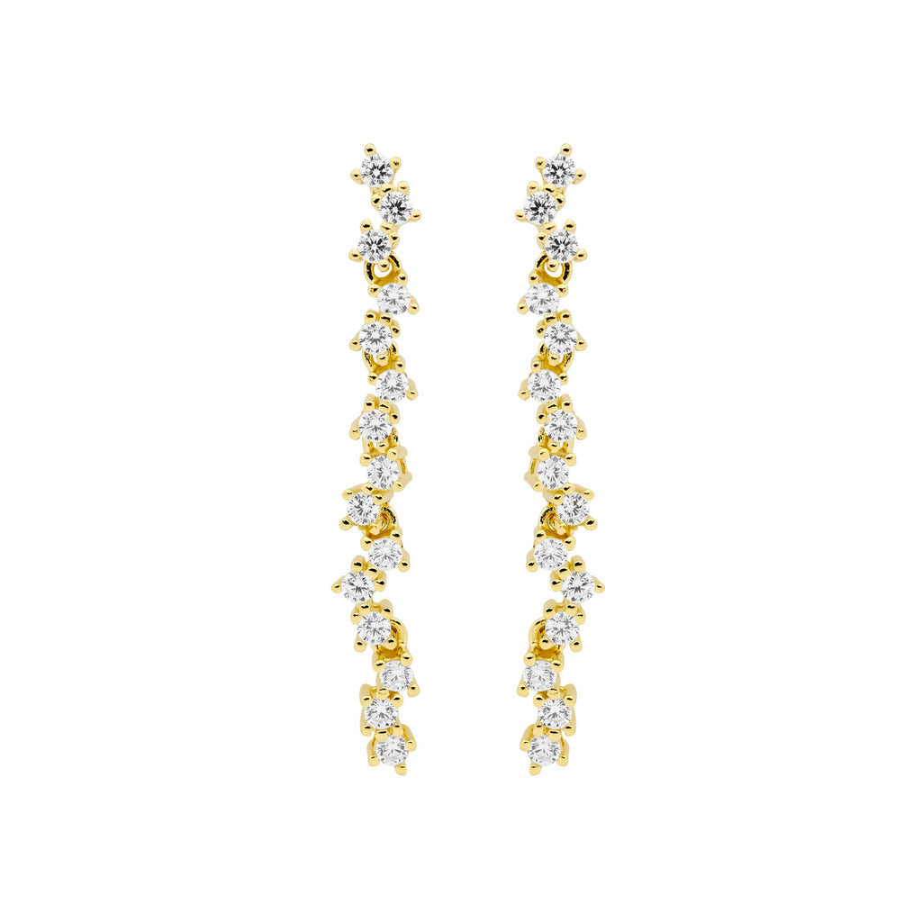 Sterling Silver White Cubic Zirconia Staggered 4cm Drop Earrings  With Yellow Yellow Gold Plating   
