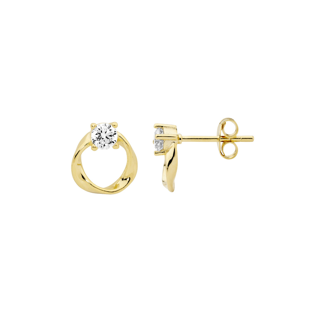 Sterling Silver 9mm Open Circle Twist Earrings With 1 x White Cubic Zirconia & Yellow Gold Plating   