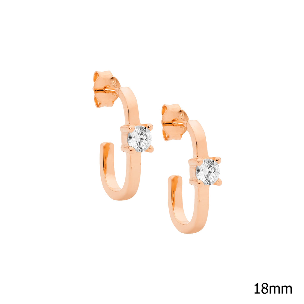 Sterling Silver 18mm Oval Earrings With 4mm White Cubic Zirconia, Rose Yellow Gold Plating   
