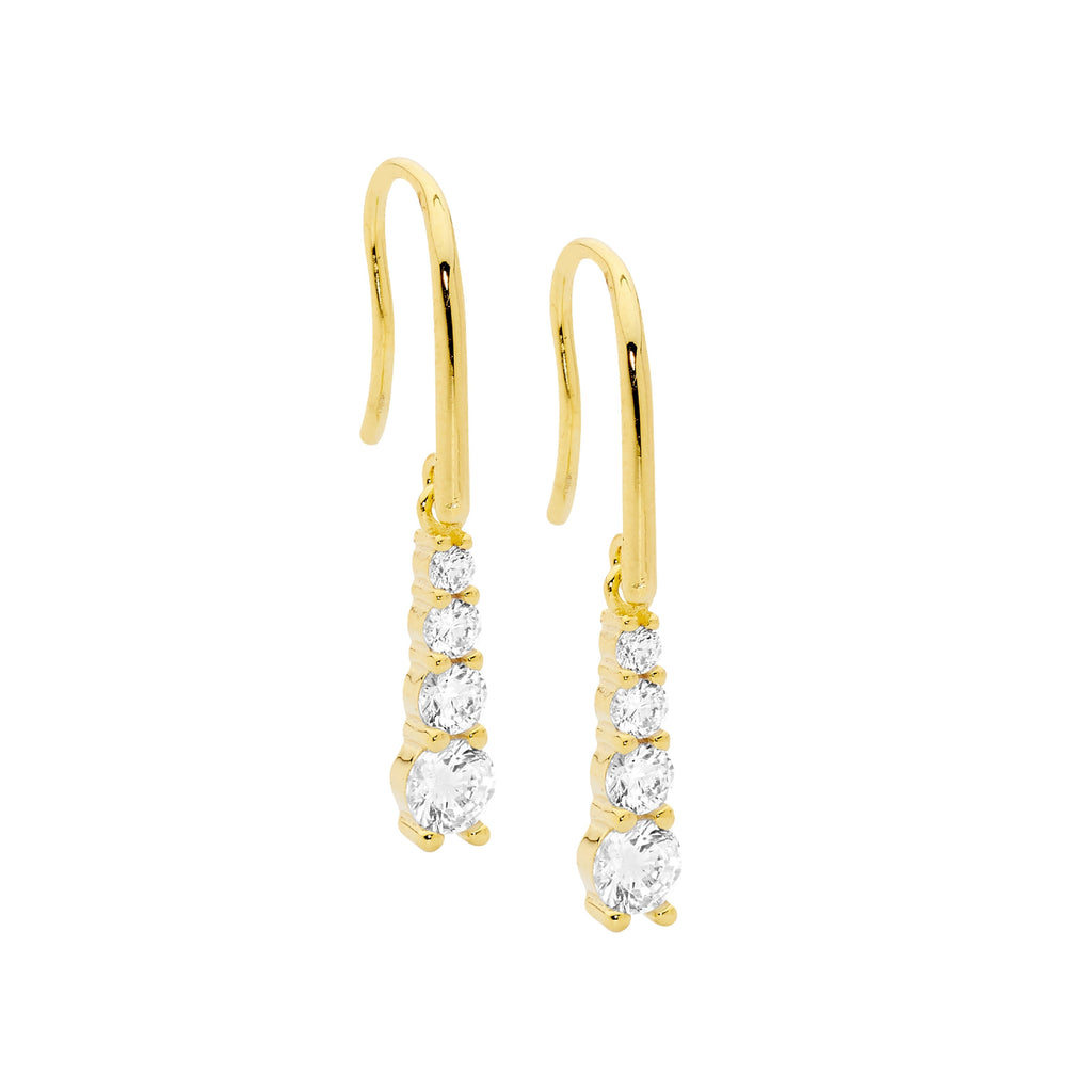 Sterling Silver 4 Round White Cubic Zirconia Gradual Drop Earrings On Shepherds Hook With Yellow Gold Plating   