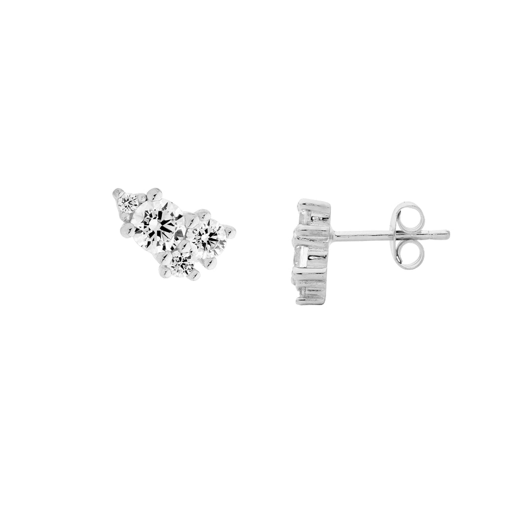 Sterling Silver White Cubic Zirconia Multi Size Round Cluster Stud Earrings   