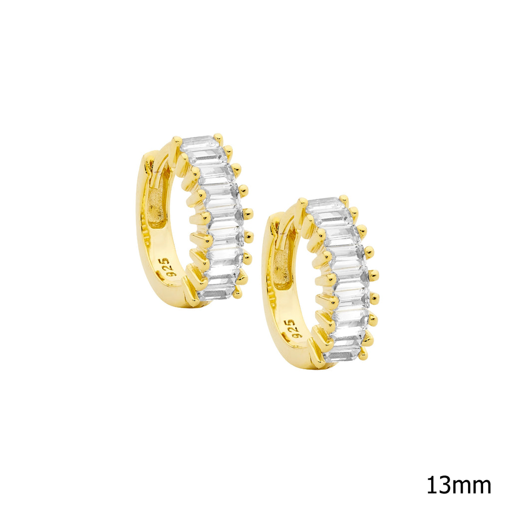 Sterling Silver White Cubic Zirconia Baguette Prong Set 13mm Hoop Earrings With Yellow Gold Plating   