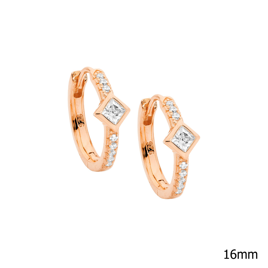 Sterling Silver White Cubic Zirconia 16mm Hoop Earrings With Princesterling Silver Cut Bezel Set, Rose Yellow Gold Plating  