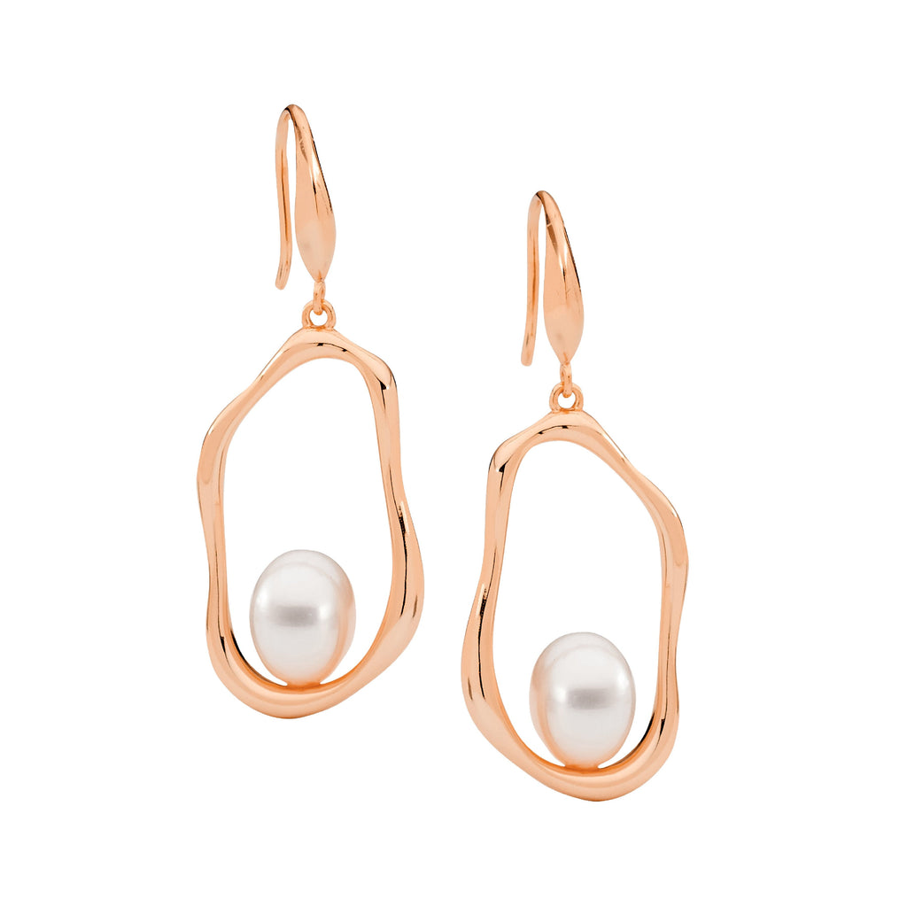 Sterling Silver Open Wave Oval Earrings With Freshwater Pearl On Shepherds Hook, Rose Yellow Gold Plating Rr