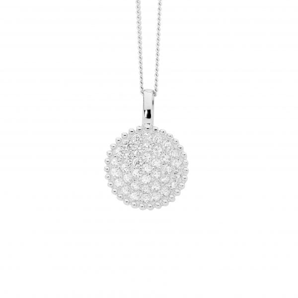 Sterling Silver White Cubic Zirconia Pave Round Pendant With Crown Surround   