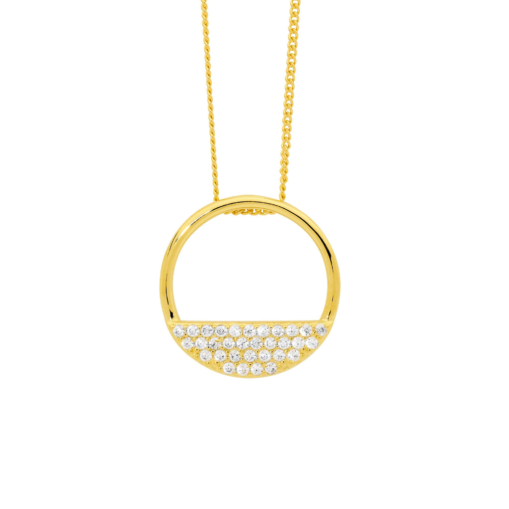Sterling Silver 28mm Open Circle Pendant, 3 Rows White Cubic Zirconia With Yellow Gold Plating   