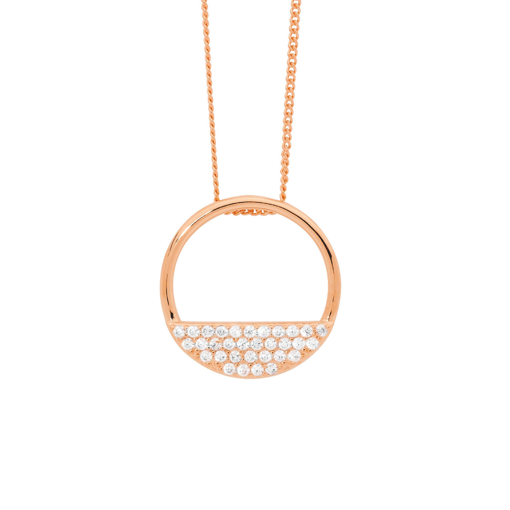 Sterling Silver 28mm Open Circle Pendant, 3 Rows White Cubic Zirconia With Rose Yellow Gold Plating   