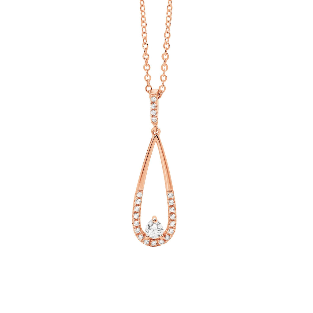 Sterling Silver White Cubic Zirconia Long Drop Tear Pendant With Rose Yellow Gold Plating   