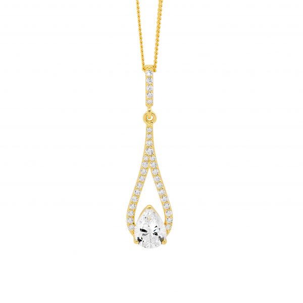 Sterling Silver White Cubic Zirconia 35mm Open Tear Drop Pendant With Pear Cubic Zirconia & Yellow Gold Plating   