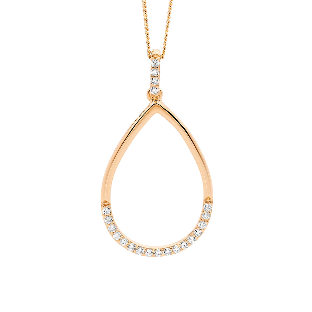 Sterling Silver White Cubic Zirconia Open Tear Drop Pendant With Rose Yellow Gold Plating   