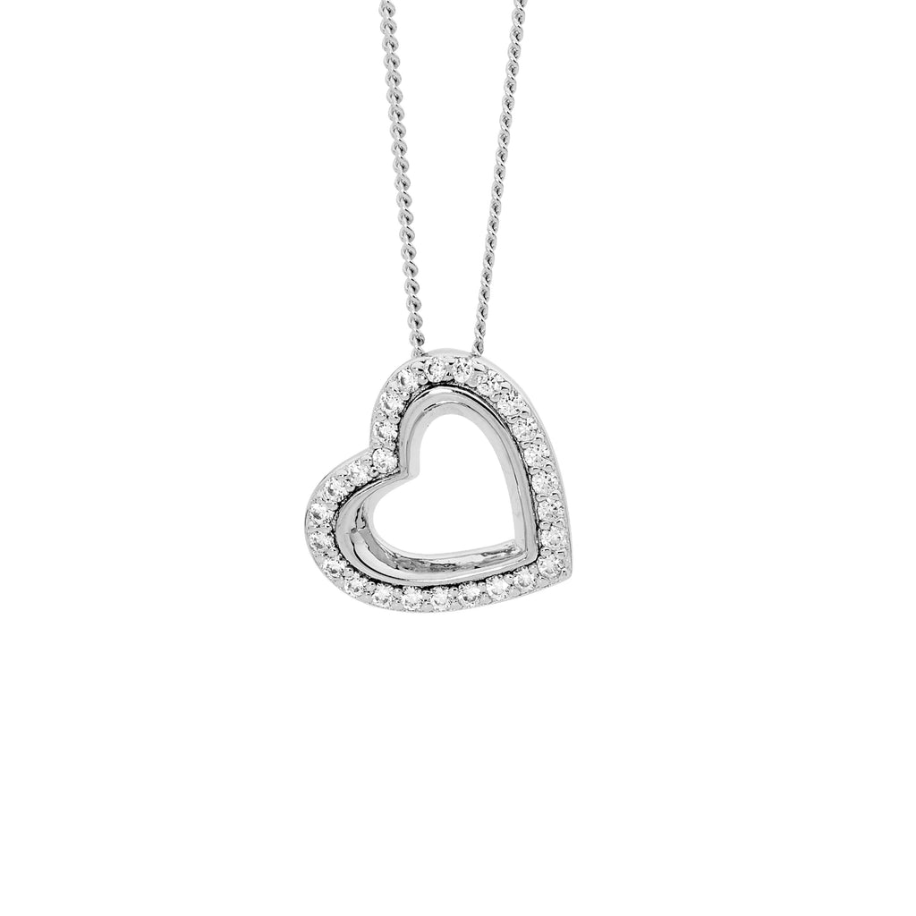 Sterling Silver White Cubic Zirconia Open Heart On Angle   