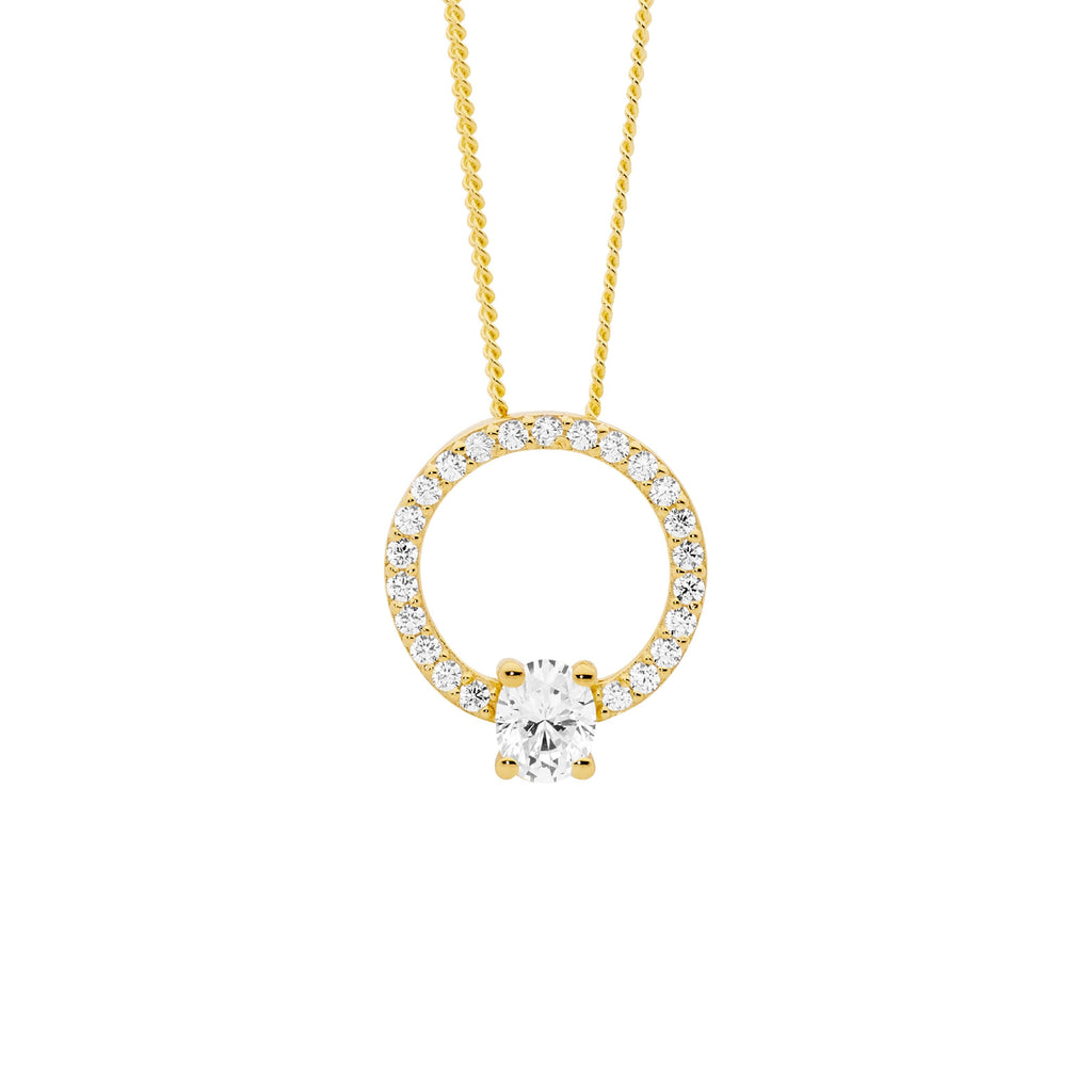 Sterling Silver White Cubic Zirconia 13mm Open Circle Pendant WithOval Cubic Zirconia, Yellow Gold Plating   