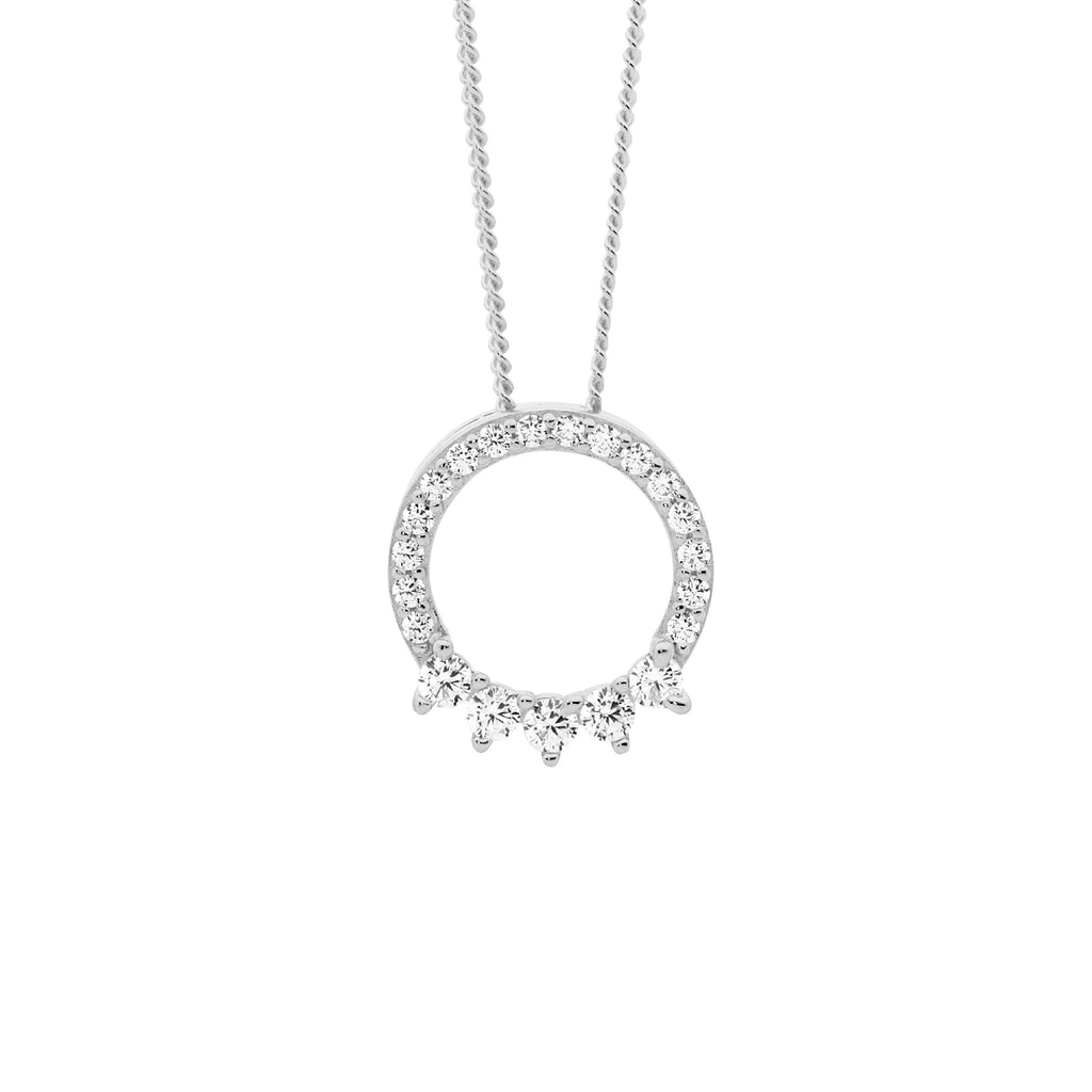 Sterling Silver White Cubic Zirconia 12mm Open Circle Pendant With 5x Cubic Zirconia Feature   