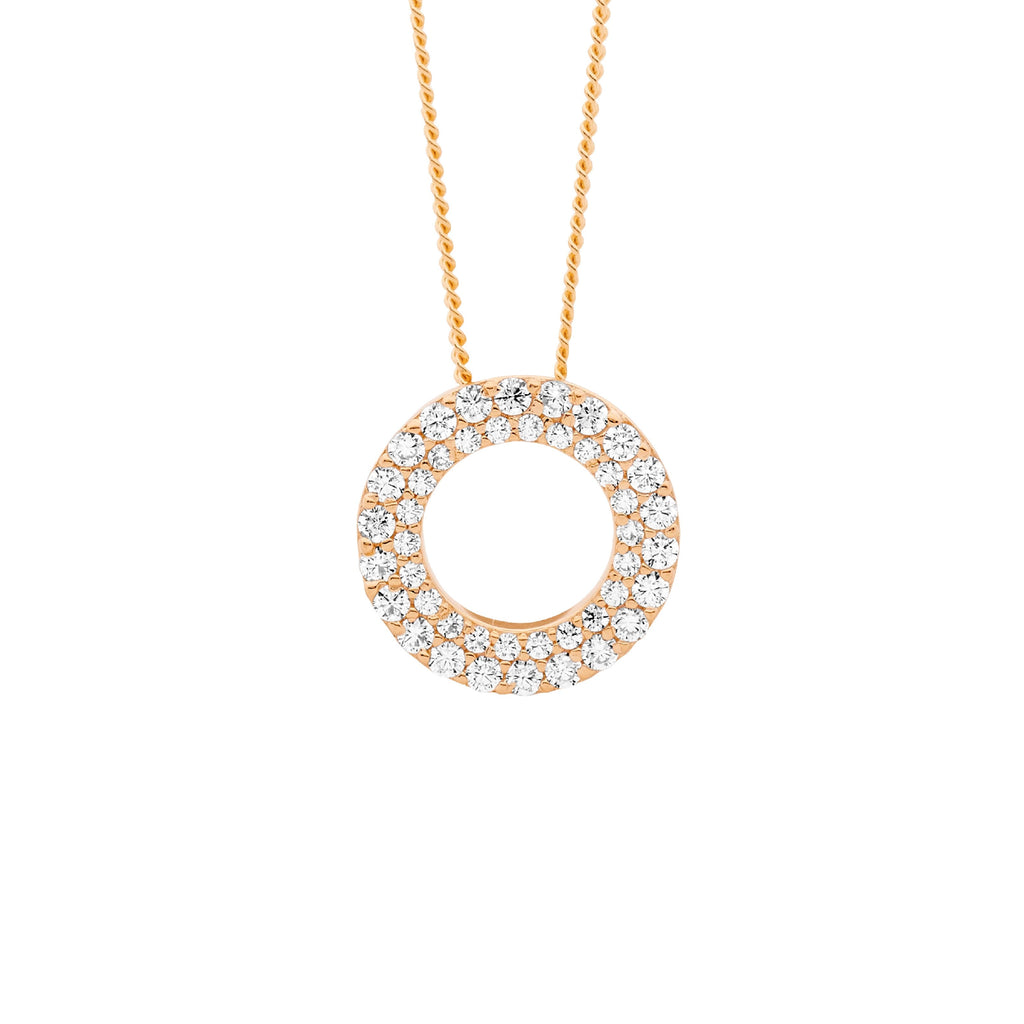 Sterling Silver White Cubic Zirconia 13mm Dbl Row Open Circle Pendant With Rose Yellow Gold Plating   