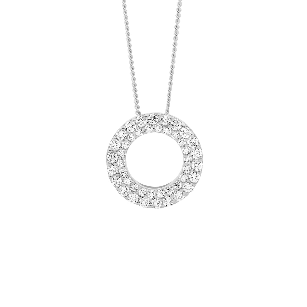 Sterling Silver White Cubic Zirconia 13mm Dbl Row Open Circle Pendant   