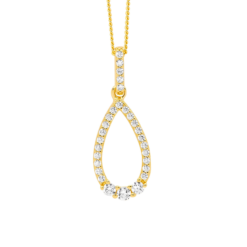 Sterling Silver White Cubic Zirconia Open Tear Drop Pendant,3x Cubic Zirconia Feature  With Yellow Yellow Gold Plating   