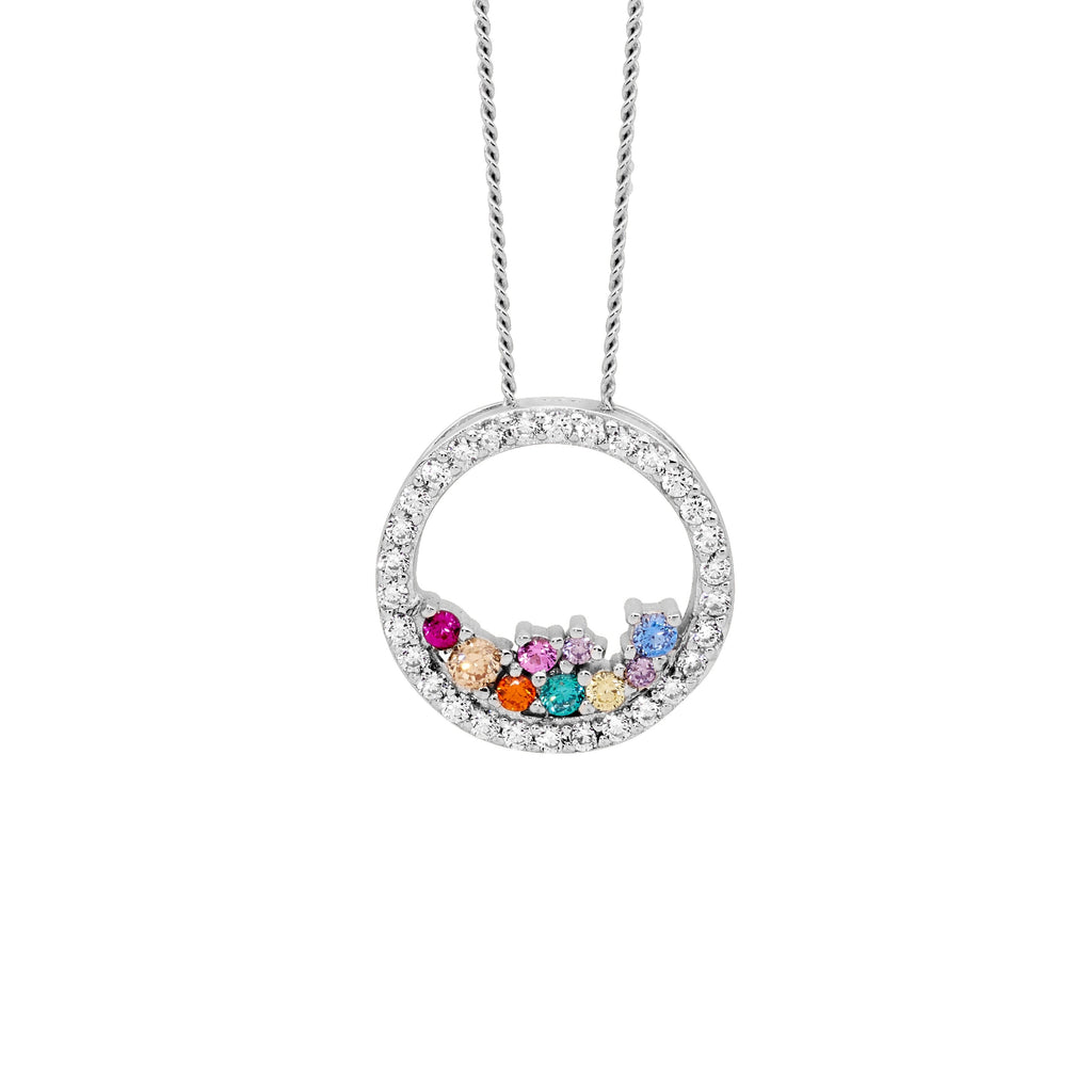 Sterling Silver White Cubic Zirconia 14mm Open Circle Pendant With Scattered Multi Colour Cubic Zirconia   